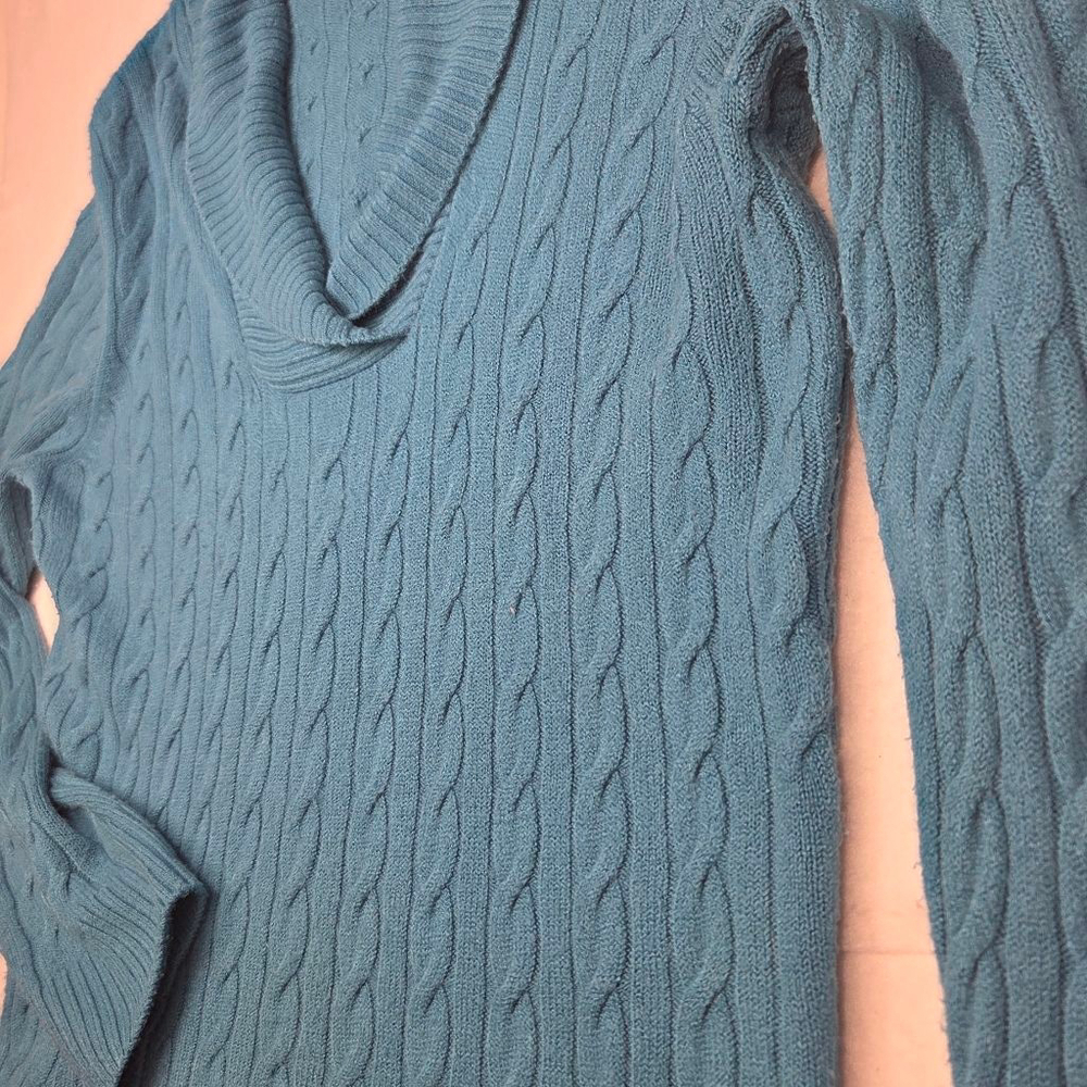 Women's G.H. Bass & Co. Teal Cable Knit Cowl Neck Sweater L - Picture 3 of 10